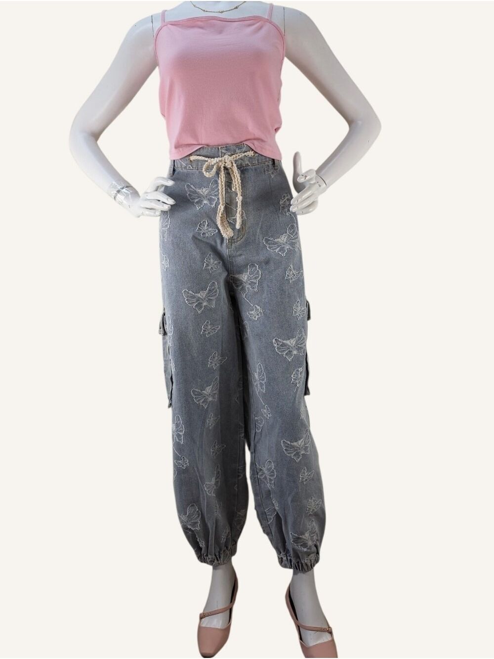 POL Butterfly Embroidered Cargo Jogger Jeans Pink Balletcore Large